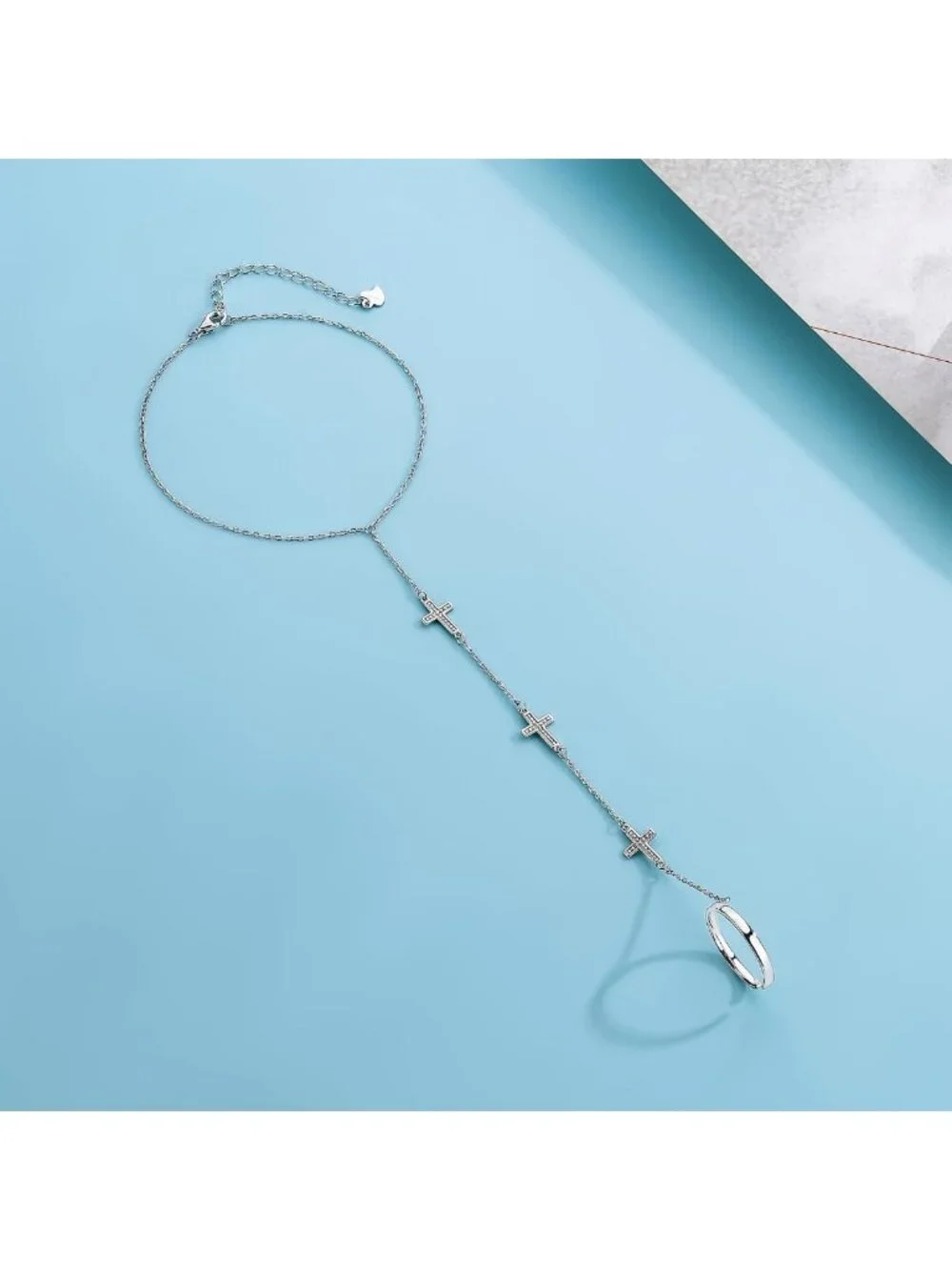 Adjustable S925 Sterling Silver Cross Eye Bead Ring & Bracelet Set for Women